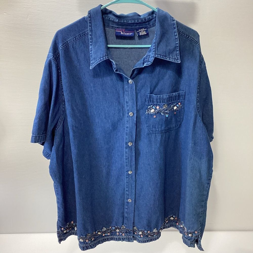 Vintage CST Blues Blue Denim Button-Up Shirt with Floral Embroidery Shells 3X